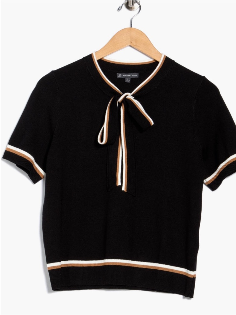 Adrianna Pappel Short-Sleeve Black Tie-Neck Top Sweater Small NWT